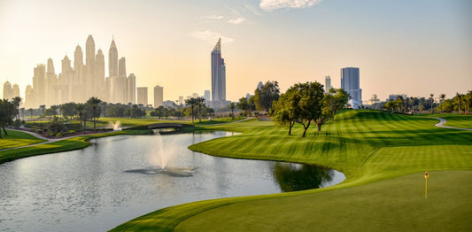 Water and skyline view from Dubai golf course